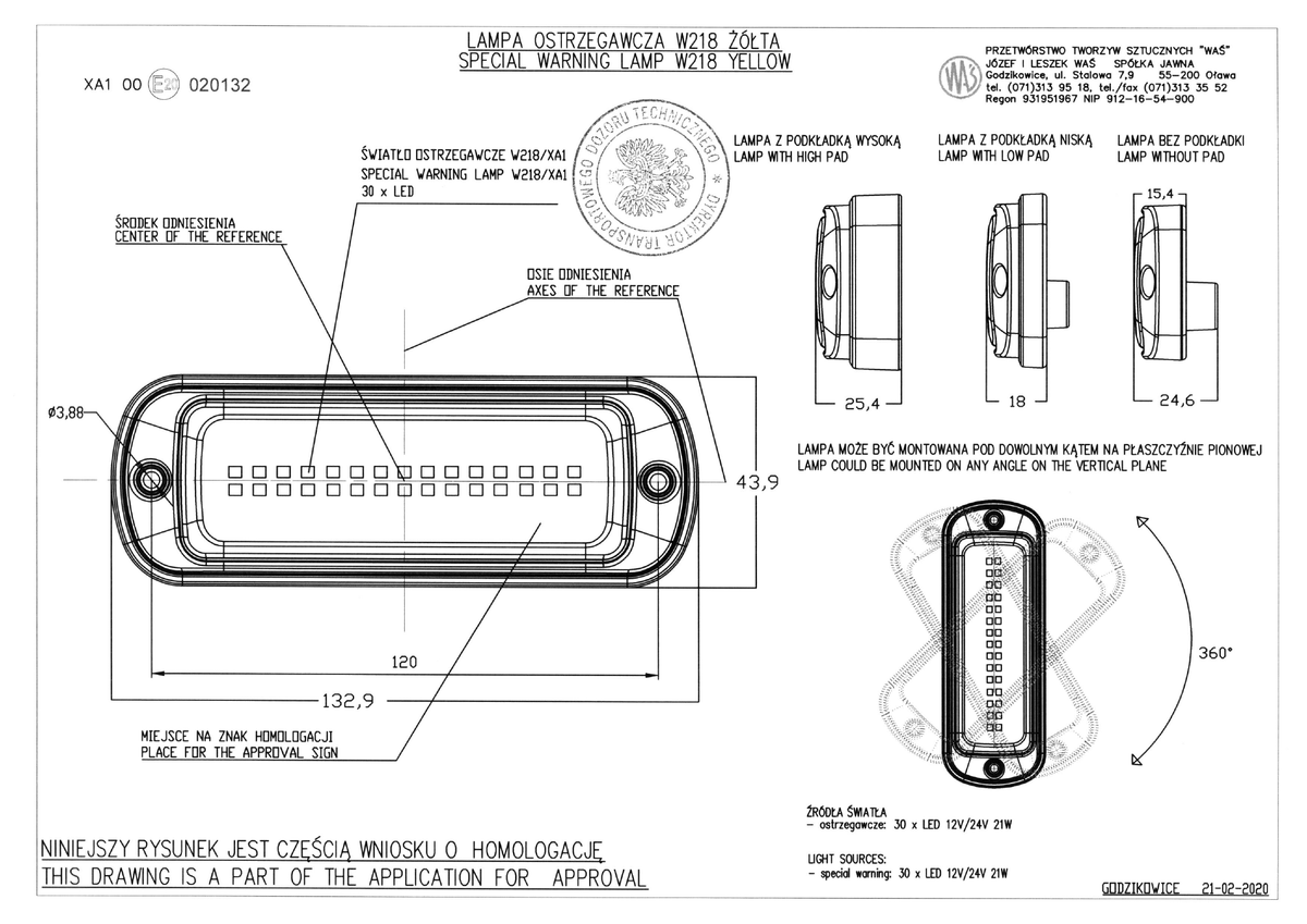 WAŚ W218 EC1469 ECO approval dimension drawing