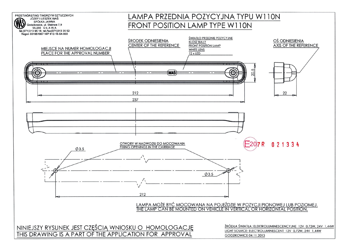 WAŚ W110N EC769 approval dimension drawing