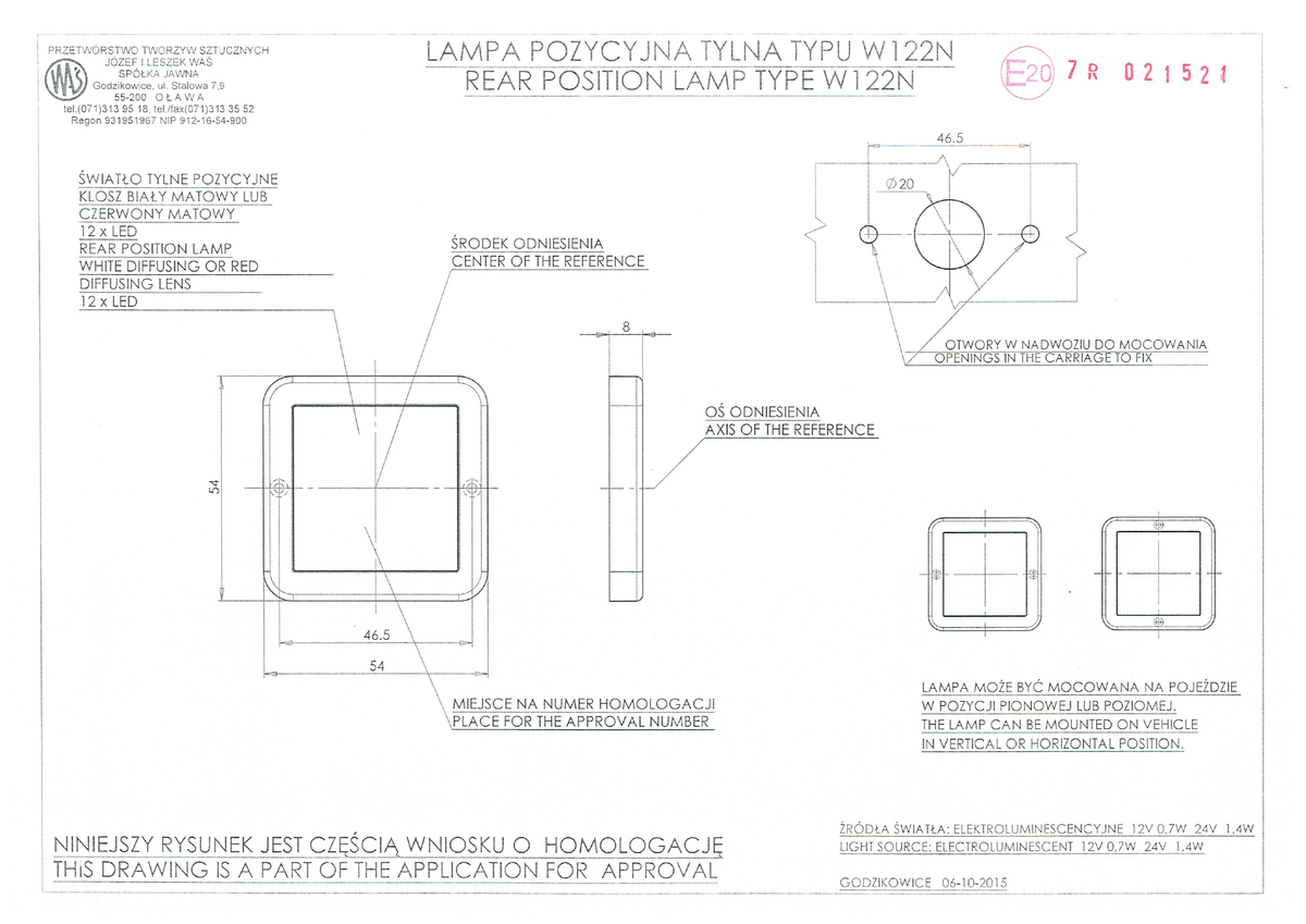 WAŚ W122N EC987 rear position approval dimension drawing