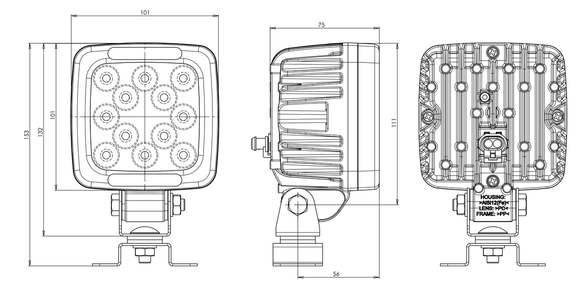WAŚ W144 lamp – manufacturer housing and mounting dimensions