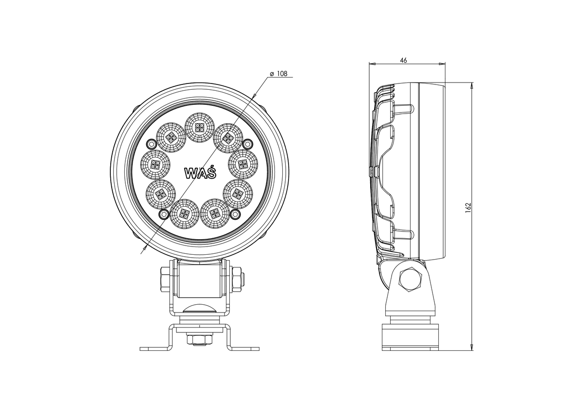WAŚ W163-2000 lamp – manufacturer housing and mounting dimensions