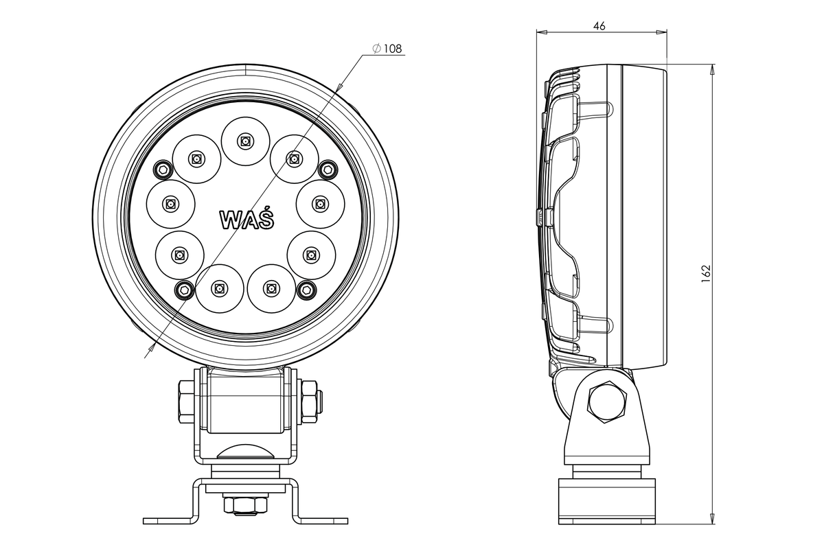 WAŚ W163-skupione lamp – manufacturer housing and mounting dimensions