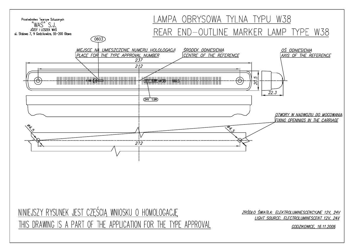 WAŚ W38 EC184 dimension and mounting drawing