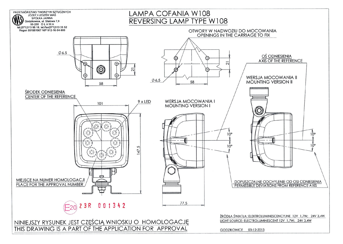 WAŚ W108 EC806 approval dimension drawing