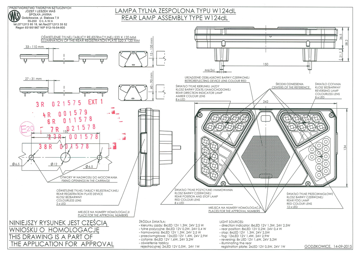 WAŚ W124dL approval drawing with dimensions and mounting points for EC943
