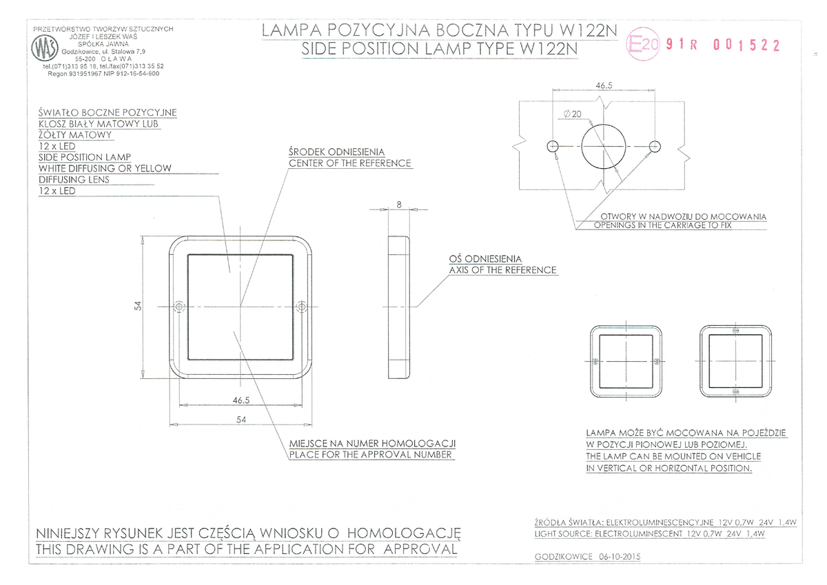 WAŚ W122N EC986 side position approval dimension drawing